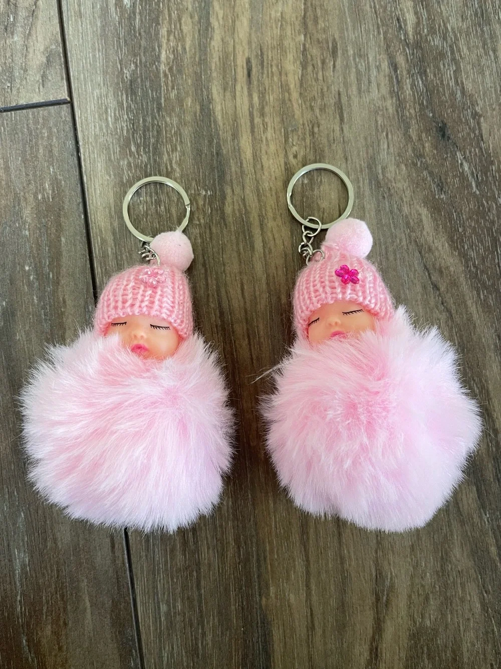 Pink Baby Doll Pom-Pom Keychain - Cute Plush Accessory
